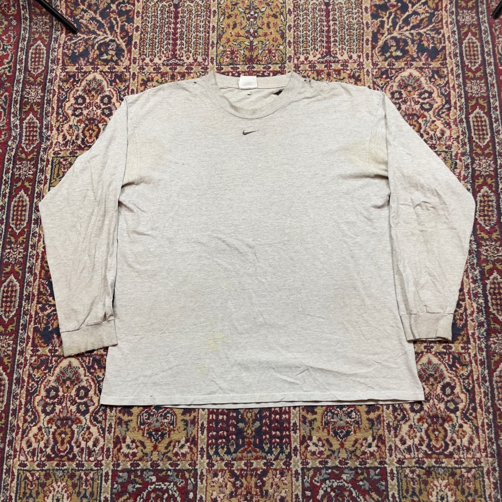 VTG 90s NIKE White Tag Brown Center Swoosh Gray‎ Long Sleeve T Shirt XL Thrashed
